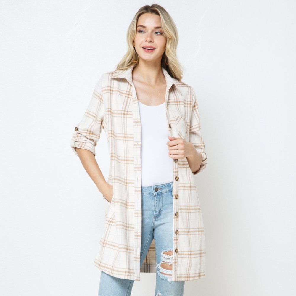Plaid Button Up Shacket Dress with Roll Up Sleeve Detail